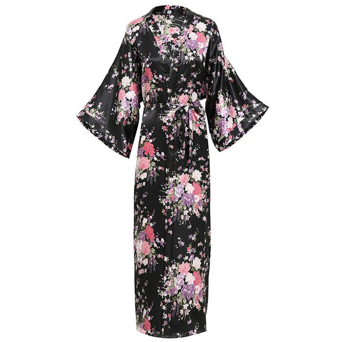 Women Print Flower Kimono Gown Elegant Ankle-length Sleepwear Homewear
