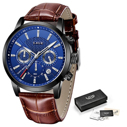 Mens Watches LIGE Top Brand Leather Chronograph Waterproof