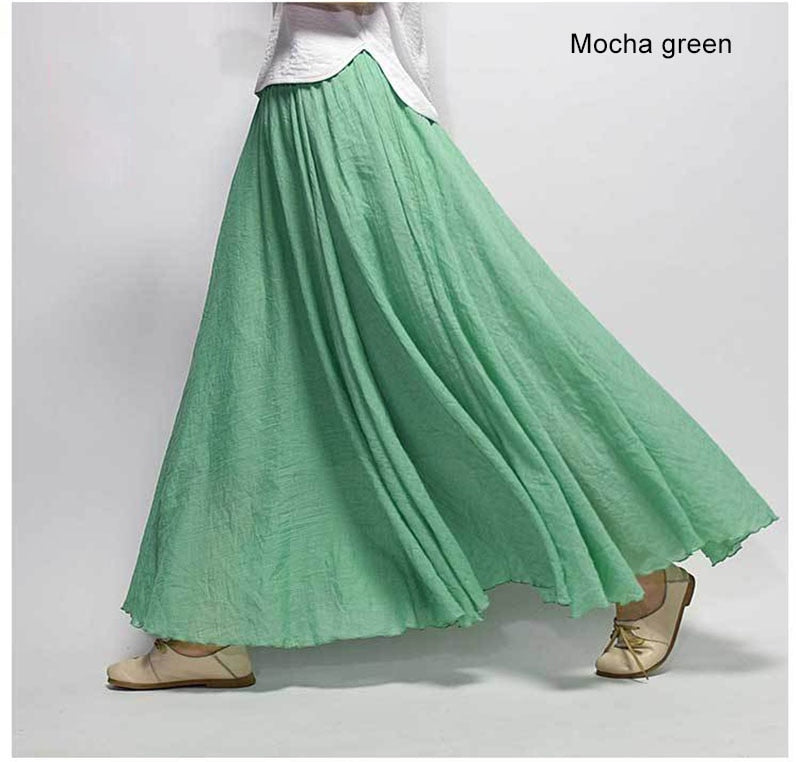 Women Elegant High Waist Linen Maxi Skirt Casual Elastic