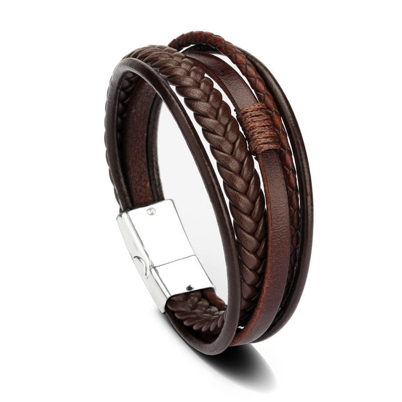 Leather Bracelets Men Stainless Steel Multilayer Braided Rope