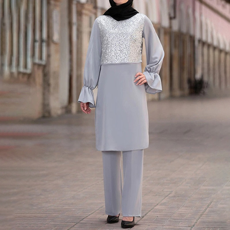 Muslim Women Long Tops Islamic Sets Sequins Fashion Pants 2 Piece Set