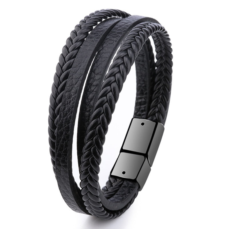 Leather Bracelets Men Stainless Steel Multilayer Braided Rope