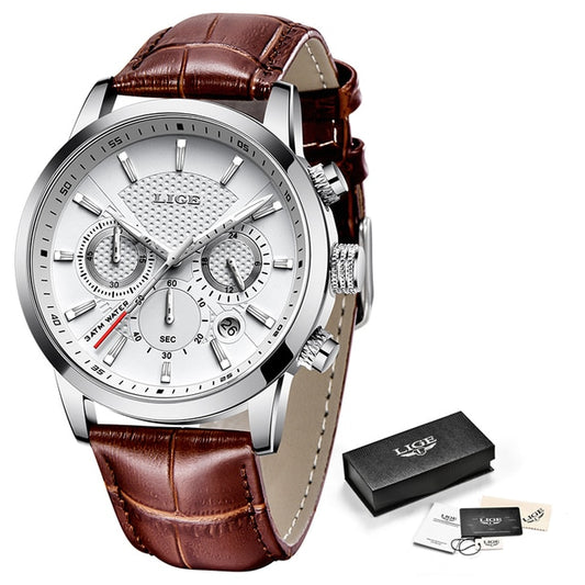 Mens Watches LIGE Top Brand Leather Chronograph Waterproof