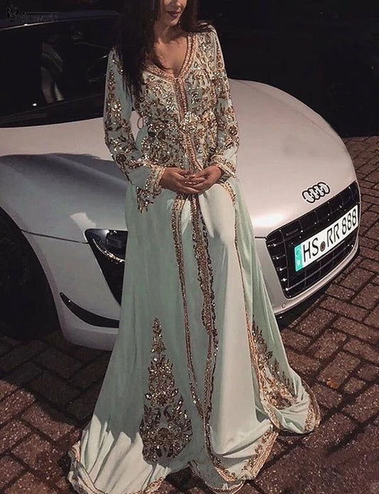 Muslim Evening Dress Mint Prom Gowns Gold Embroidery Formal Dresses