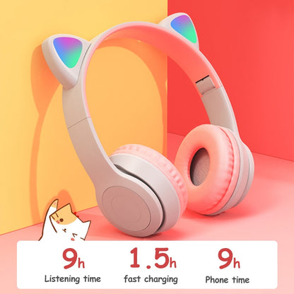 Wireless Headphones Cat Ear with Mic Blue-tooth Glow Light Stereo Bass