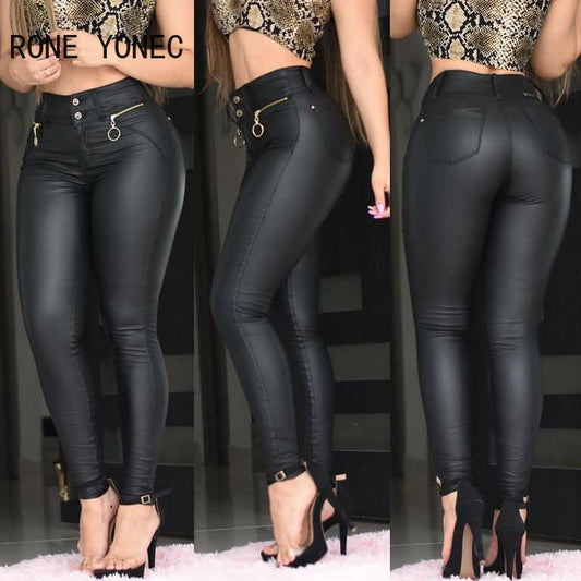 Women Chic Solid Casual PU leather Zipper Waist Skinny Pencil Pants