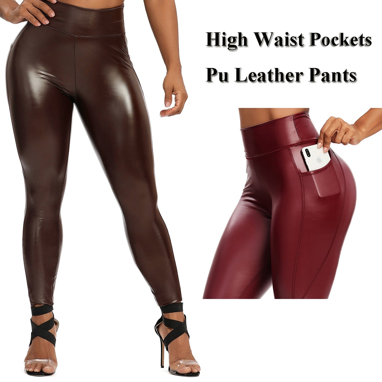 Pockets PU Leather Elastic Trousers Push Up Legging Skinny