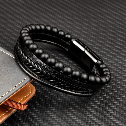 Stainless Steel Jewelry Multi-Layered Men's Black Leather Bracelet