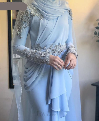 Arabic Long Sleeves Formal Prom Dress Beaded Lace Chiffon