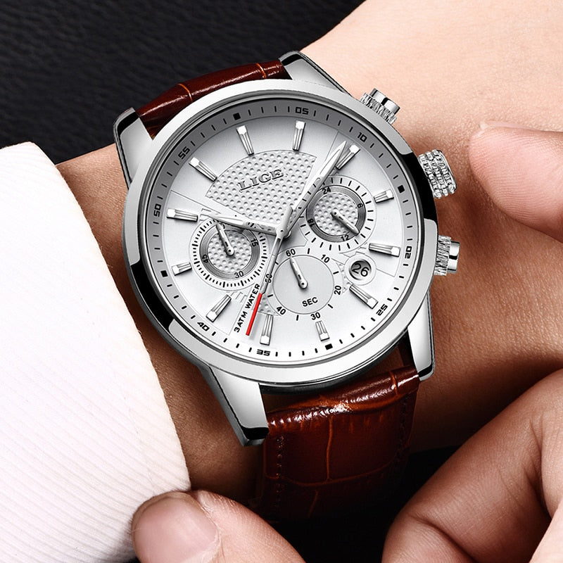 Mens Watches LIGE Top Brand Leather Chronograph Waterproof