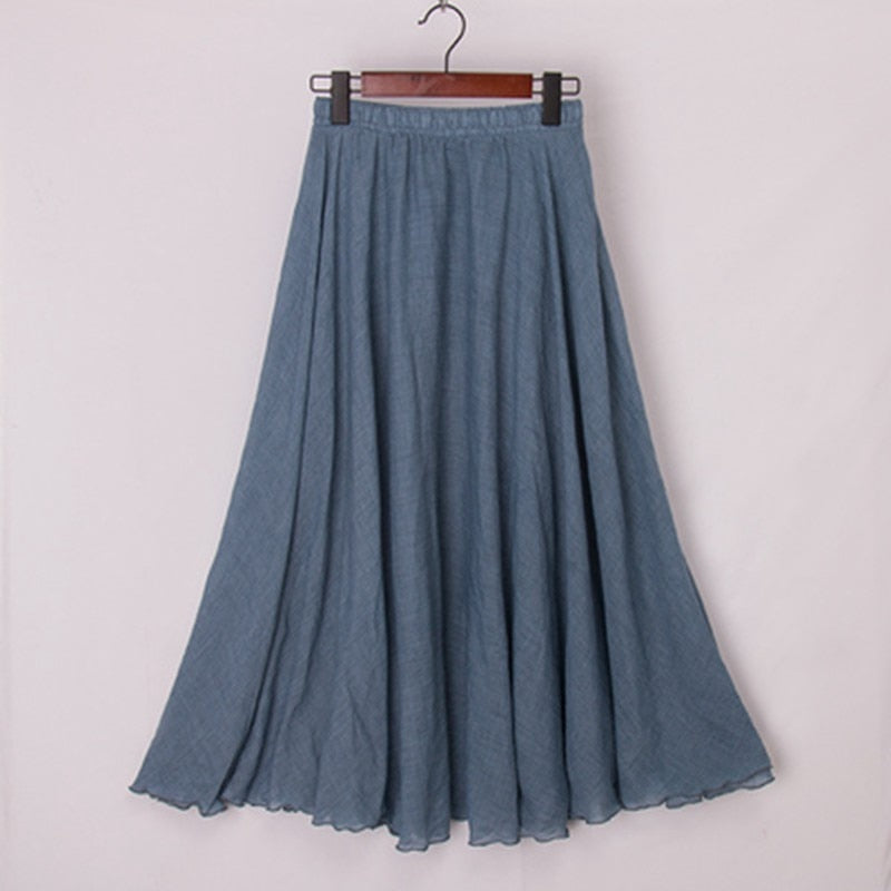 Linen Maxi Skirt Womens Casual Elastic High Waist Pleated
