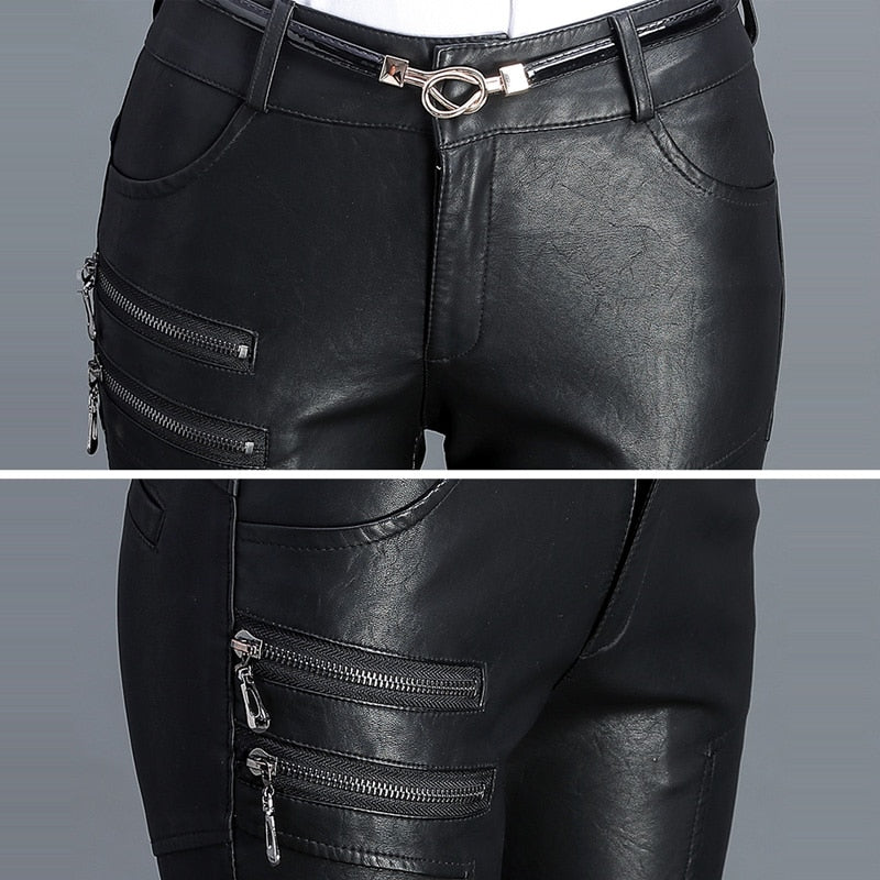 Hot PU Leather Mid Waist Pants Women Fashion