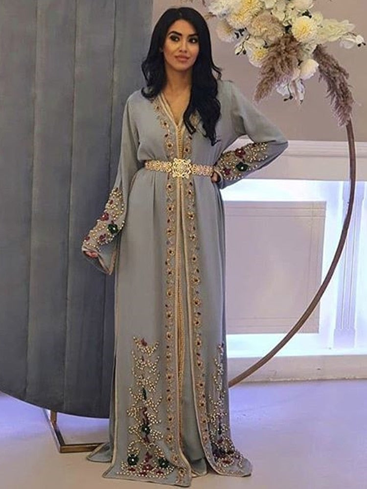Moroccan Caftan for Women Lace Appliques Beading Formal Silver Grey
