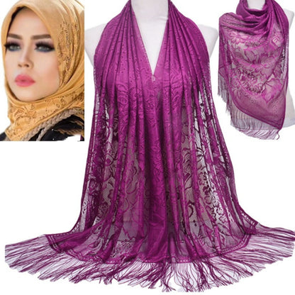 Hijab Scarf Shawl Wraps Pure color lace hollow fringed Long scarf