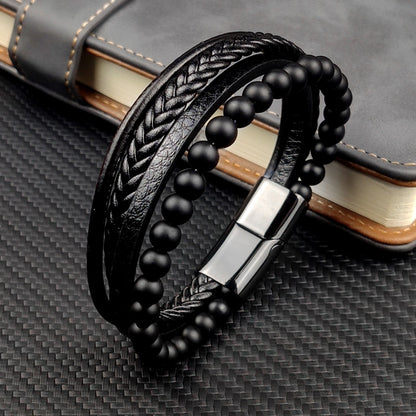 Stainless Steel Jewelry Multi-Layered Men's Black Leather Bracelet