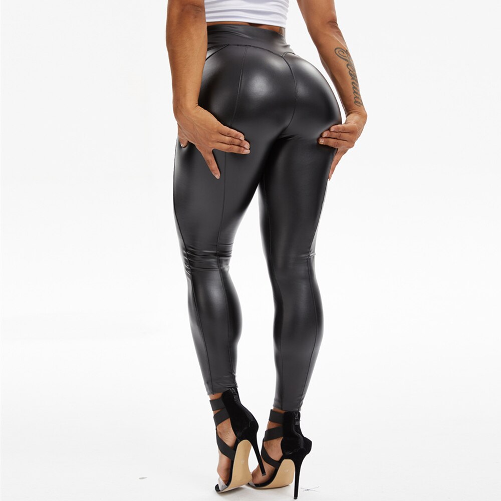 PU Faux Leather Leggings High Waist Tummy Control Zip-up Stitch-out