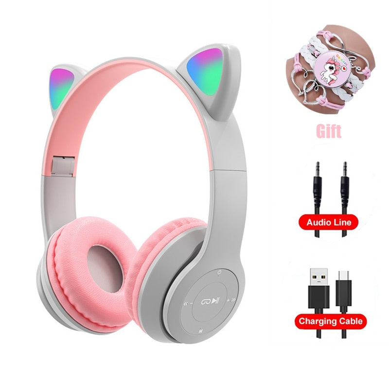 Pink Girl Wireless Headphones RGB Cute Cat Ears Headset