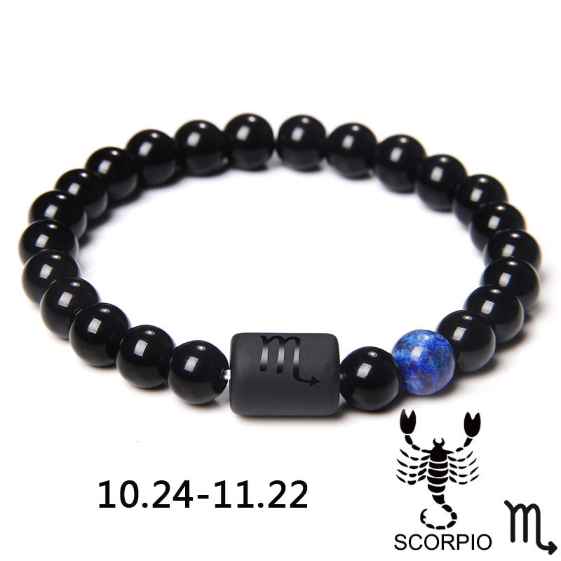 12 Constellation Zodiac Signs Bracelet Natural Black Onyx Stone