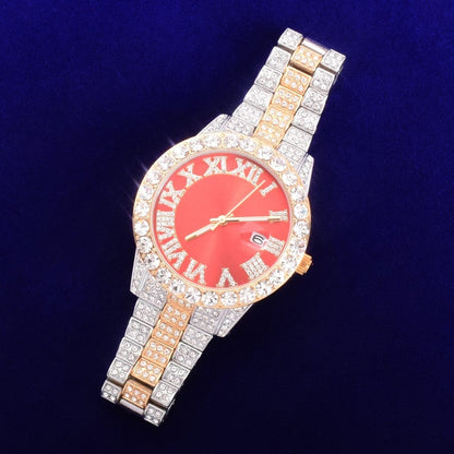 Bubble Letter Red Watch Big Gold Quartz Rhinestone