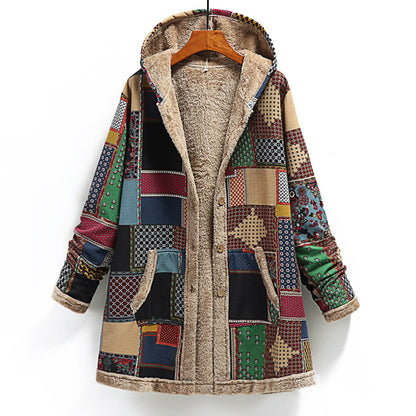 Women Coat Warm Printing Thick Fleece Hooded Long Jacket with Pocket