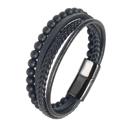 Stainless Steel Jewelry Multi-Layered Men's Black Leather Bracelet