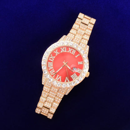 Bubble Letter Red Watch Big Gold Quartz Rhinestone