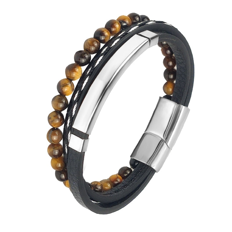 Stainless Steel Jewelry Multi-Layered Men's Black Leather Bracelet