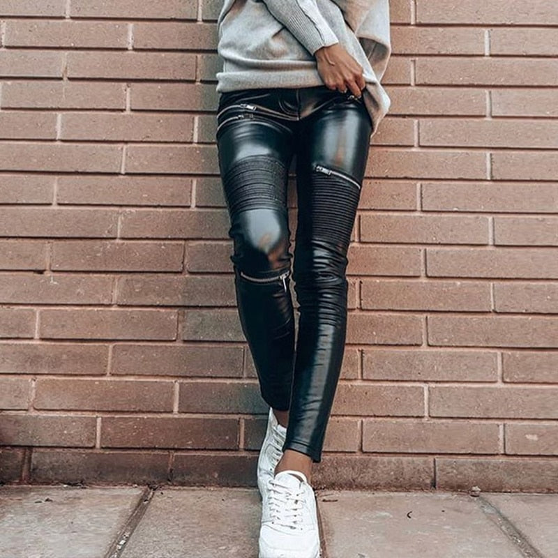 Leather Pants With Fleece Lined Low Waist Faux Leather Trouser