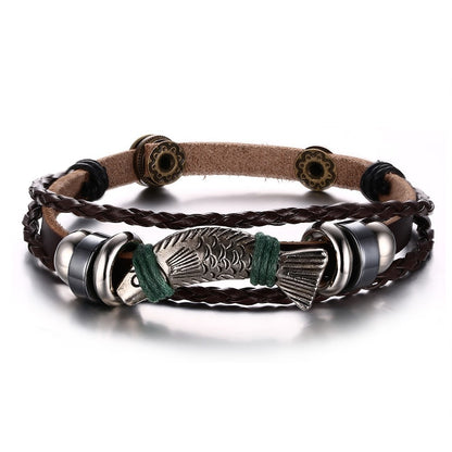 Lucky Vintage Leather Bracelet Raja Vegas Charm Multilayer Braided