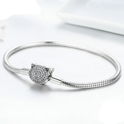 925 Sterling Silver Cute Cat Glittering CZ Snake Strand Chain Bracelet