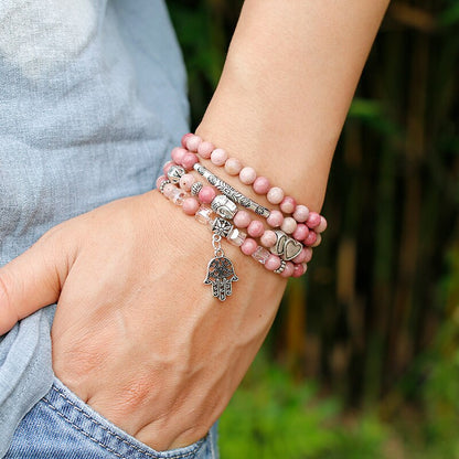 6mm Natural Rhodochrosite Beads Strand Bracelet Women Lotus