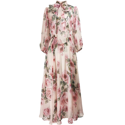 Women Dress Bow collar Rose Floral-Print Elegant Chiffon Dresses