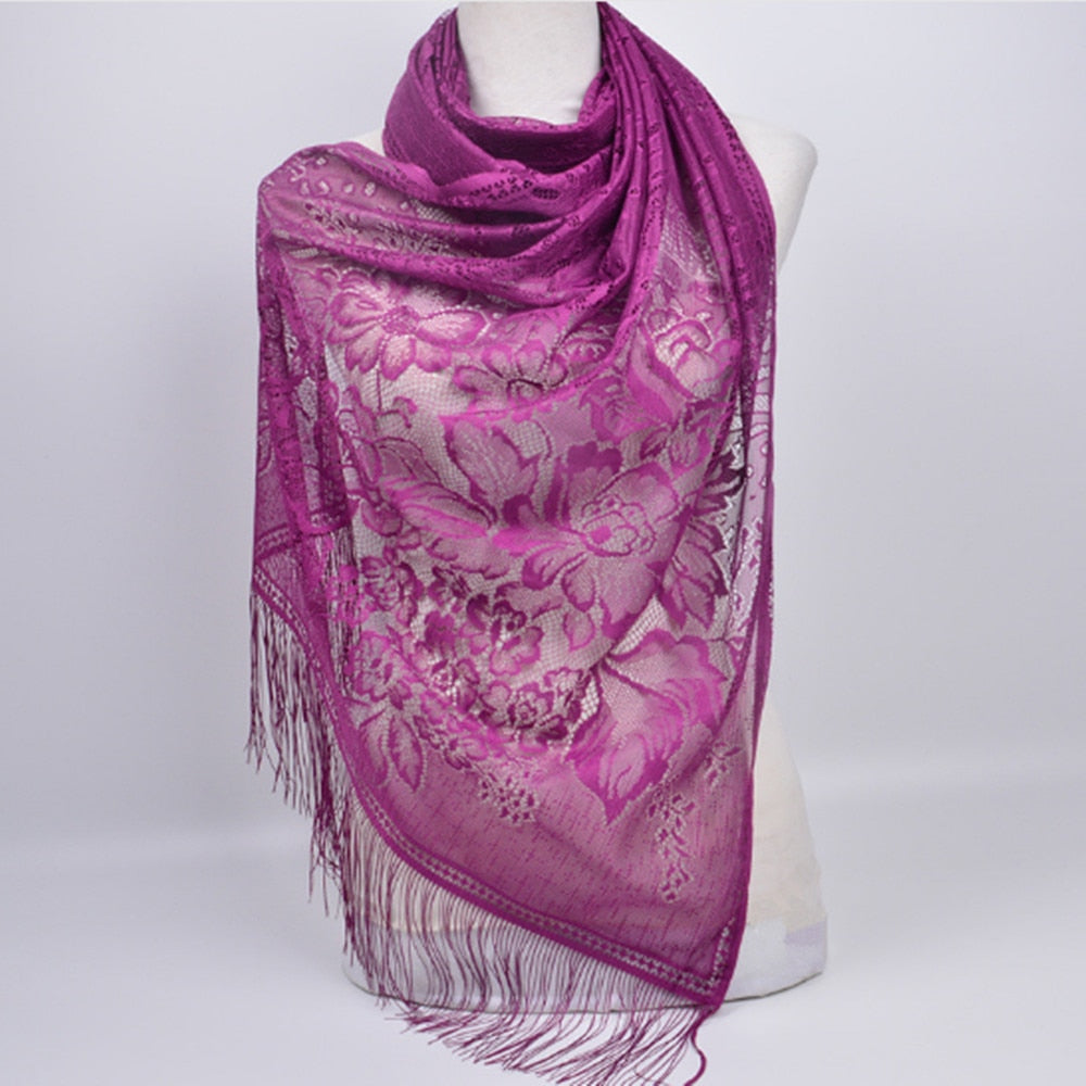 Hijab Scarf Shawl Wraps Pure color lace hollow fringed Long scarf