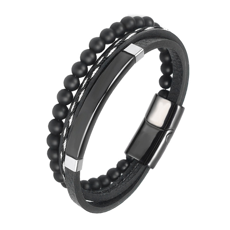 Stainless Steel Jewelry Multi-Layered Men's Black Leather Bracelet