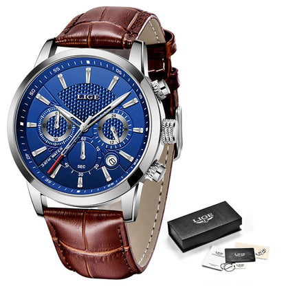 Mens Watches LIGE Top Brand Leather Chronograph Waterproof