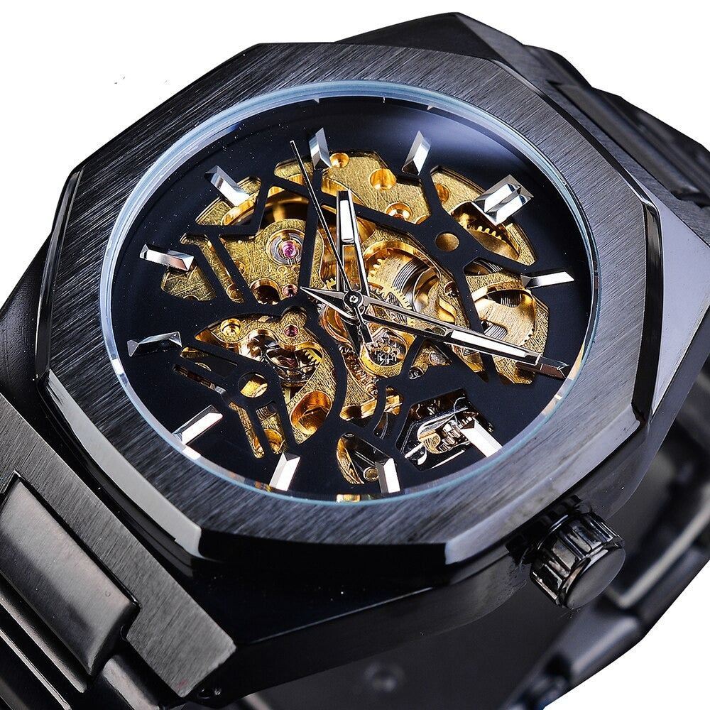 Gold Mechanical Automatic Watches For Men Skeleton Waterproof