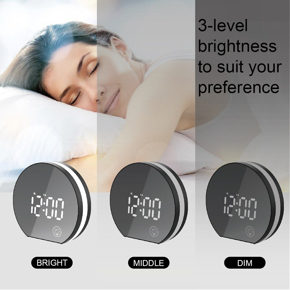Electronic USB LED Alarm Clock with Mirror Screen and Light Digital