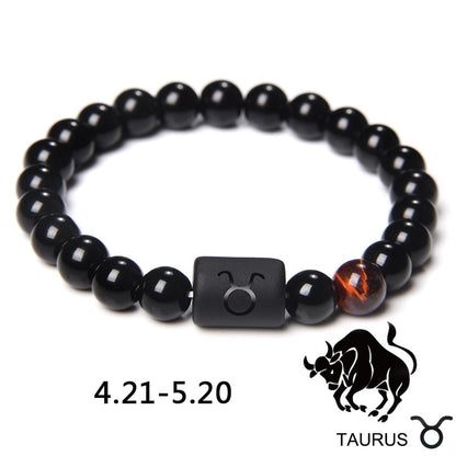 12 Constellation Zodiac Signs Bracelet Natural Black Onyx Stone