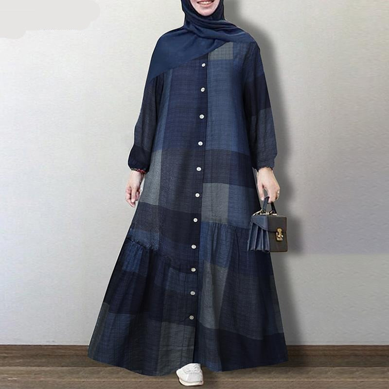 Women Spring Muslim Abaya Plaid Check Long Dress