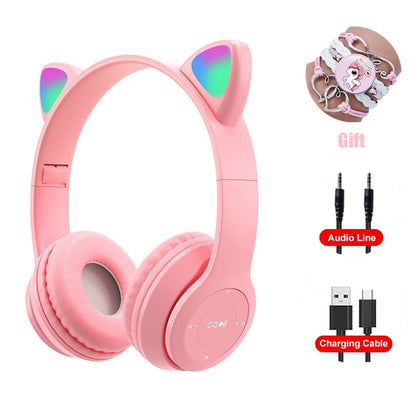 Pink Girl Wireless Headphones RGB Cute Cat Ears Headset