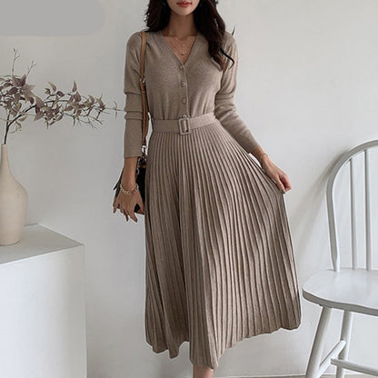 Elegant V-neck Single-breasted Women Thicken Sweater Dress