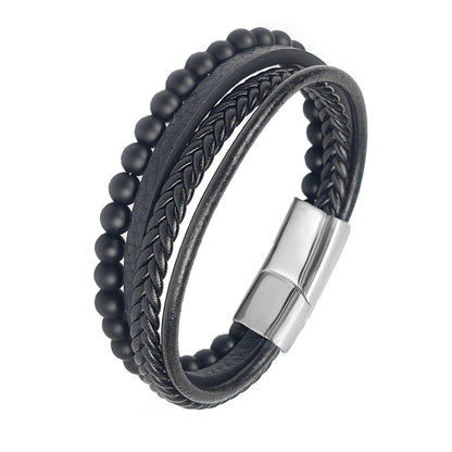 Stainless Steel Jewelry Multi-Layered Men's Black Leather Bracelet