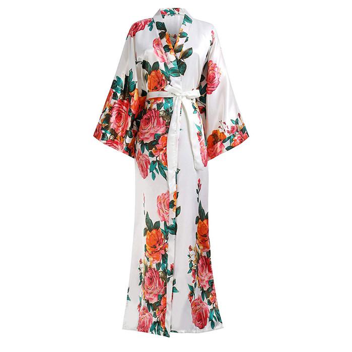 Women Print Flower Kimono Gown Elegant Ankle-length Sleepwear Homewear