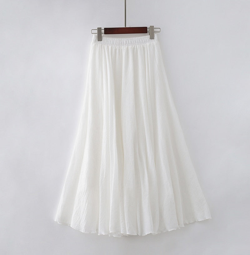 Linen Maxi Skirt Womens Casual Elastic High Waist Pleated