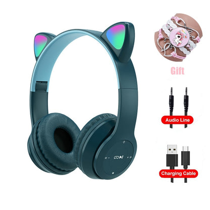 Pink Girl Wireless Headphones RGB Cute Cat Ears Headset