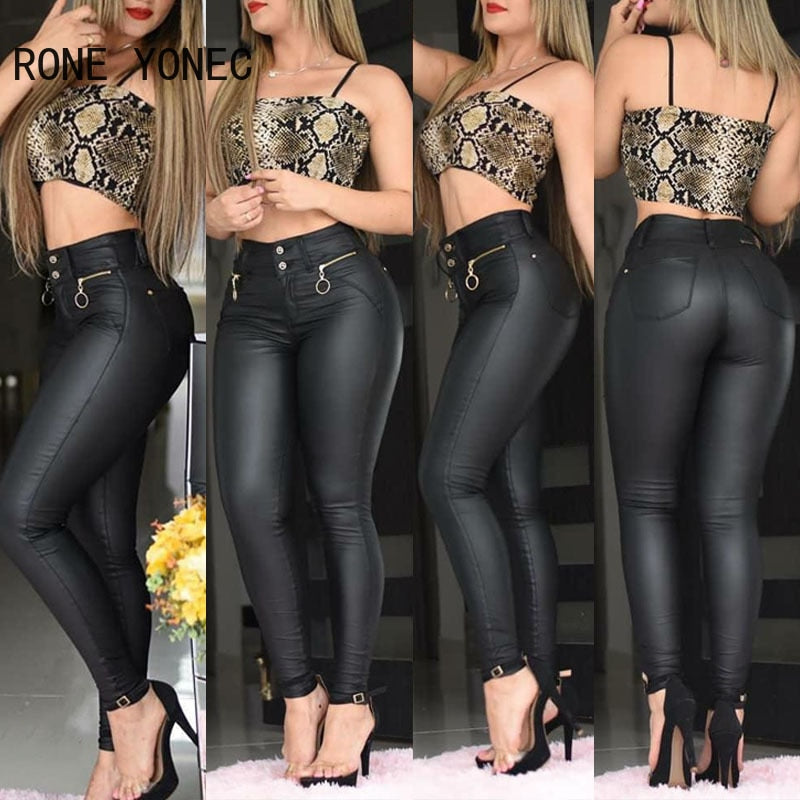 Women Chic Solid Casual PU leather Zipper Waist Skinny Pencil Pants