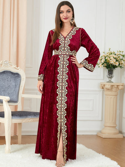 Muslim Women Kaftan Embroidery Party Dress Thicken Split