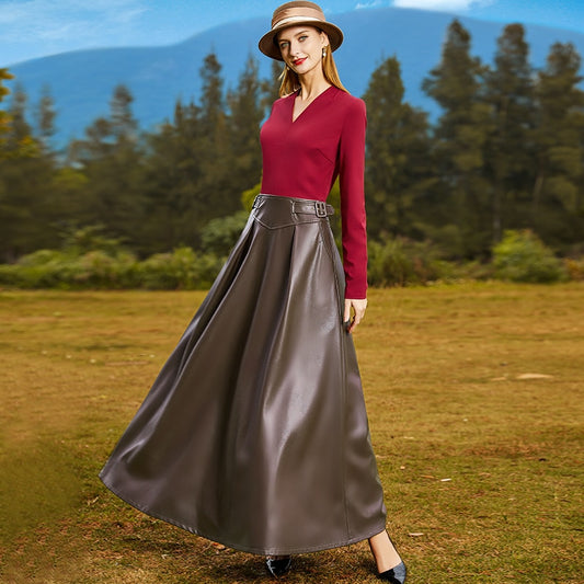 Long Dress Patchwork Leather Skirt Party Evening Dress for Women