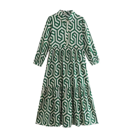 Women Vintage Geometric Print Pleats Casual Slim Midi Shirt Dress