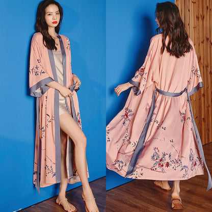 Black Print Floral Long Robe Nightgown Half Sleeve